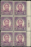c1923 - #555 3c Lincoln Issue Plate Block of 6 - Mint - No Gum