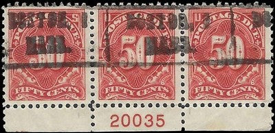 c1917 -#J67 50c Postage Due Plate # Strip of 3 - Pre-Cancel - Well Centered!