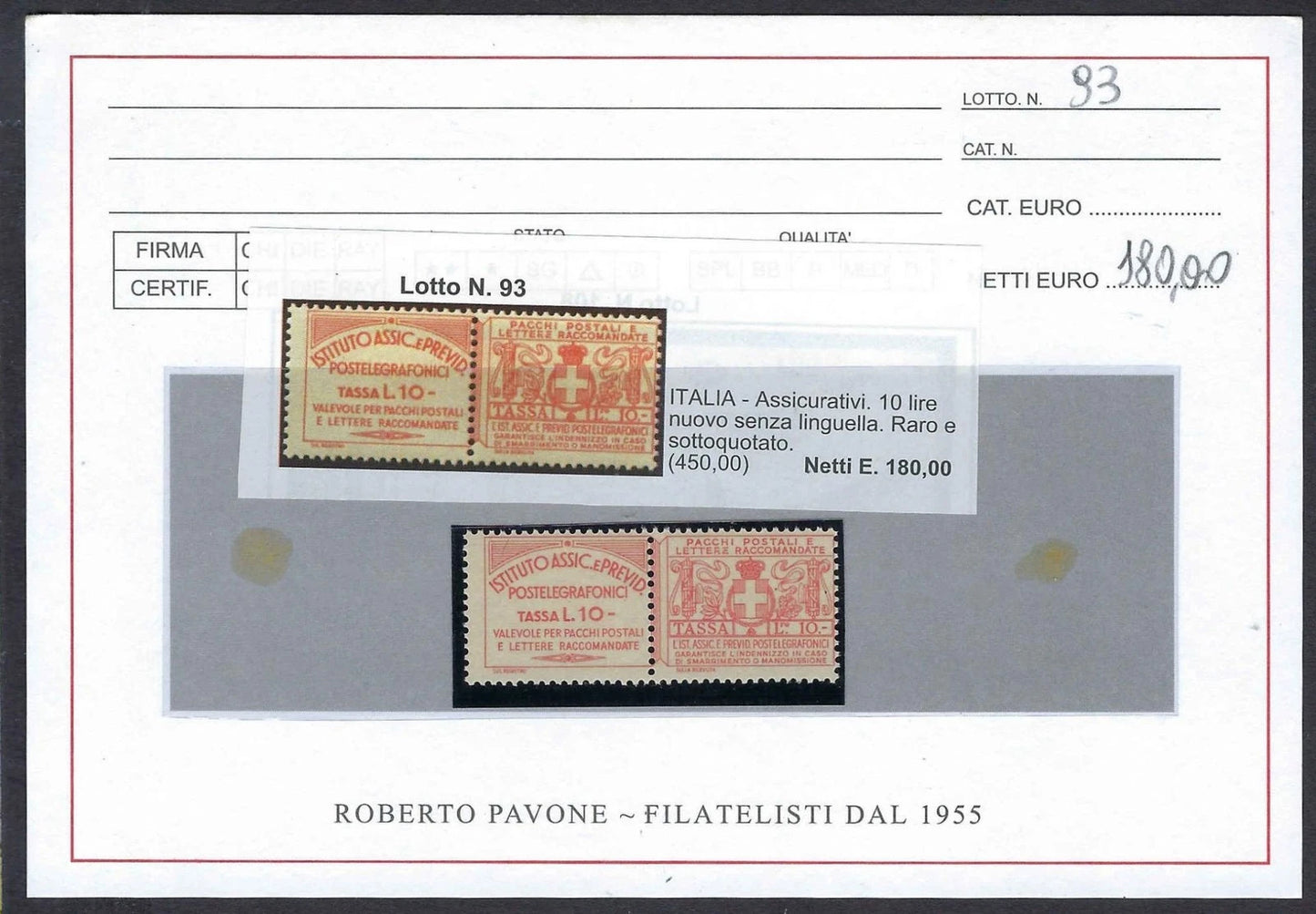 1917 Italy Assicurativi 10L Mint NH Pair Sassone #10 Rare