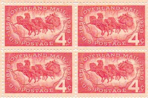 1958 Overland Mail Coach Block of 4 4c Postage Stamps, Scott1120, MNH, OG