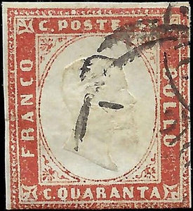 1863 Sardinia Italy 40c Stamp -Sc# 13 - 3 Margins - Used