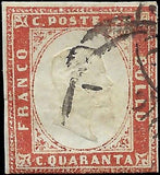 1863 Sardinia Italy 40c Stamp -Sc# 13 - 3 Margins - Used
