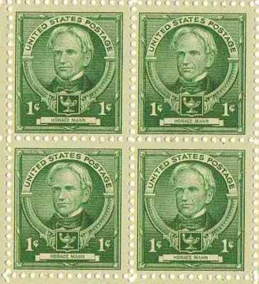 1940 Famous Americans Horace Mann Educator Blk of 4 1c Stamps, Scott869, MNH, OG