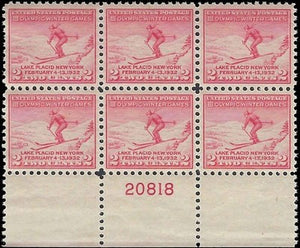 c1932 - #719 Winter Olympics Plate Block of 6 - MNH, Undisturbed OG - Centering!
