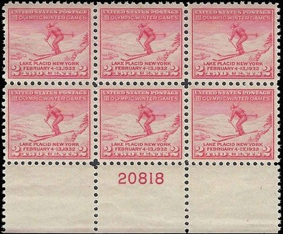 c1932 - #719 Winter Olympics Plate Block of 6 - MNH, Undisturbed OG - Centering!