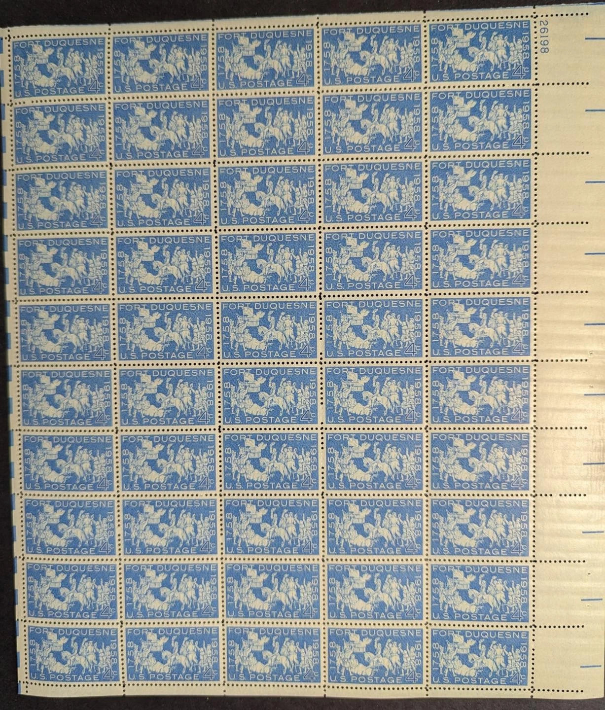 1958 USA 4c Fort Duquesne Sheet -Scott 1123 -MNH, Undisturbed OG -No Sig Flaws