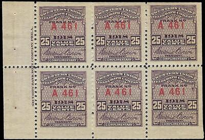 VEGAS - 1918 Telegraph Stamp Block/Pane of 6 - Scott 16T54 - Very Slight Gum Dist