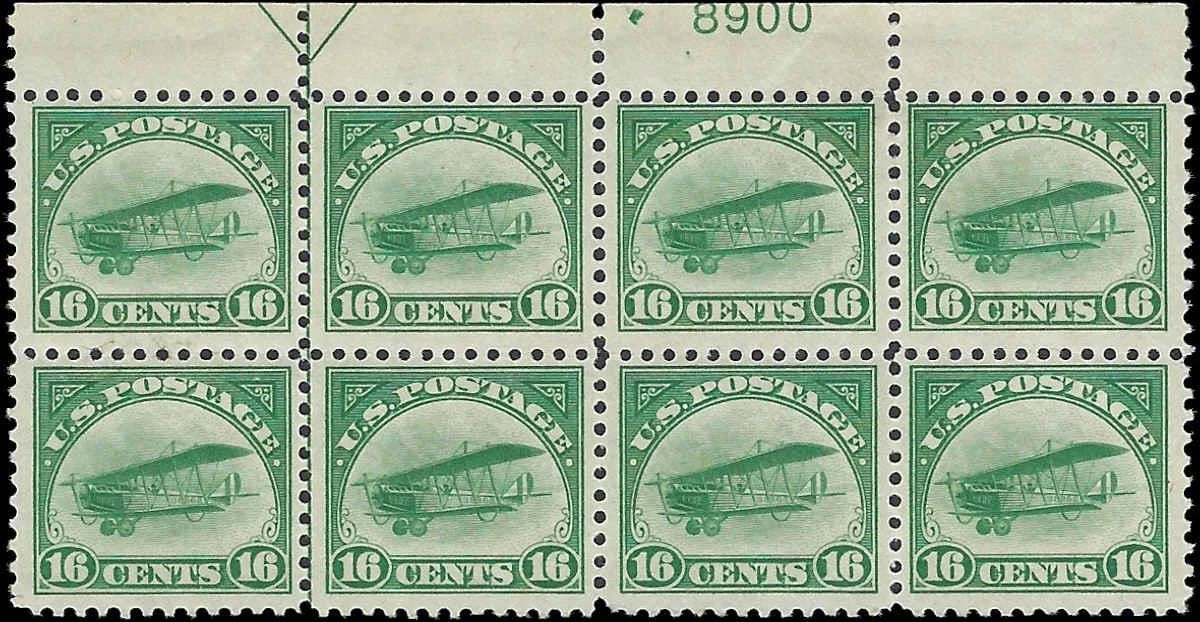 1918 USA Scott C2 Airmail Very Rare Plate Block of 8 - Some Gum Disturbance