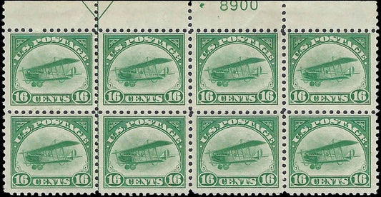 1918 USA Scott C2 Airmail Very Rare Plate Block of 8 - Some Gum Disturbance