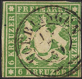 c1857 Wurttemberg, Germany 6kr - Scott 10 - Used