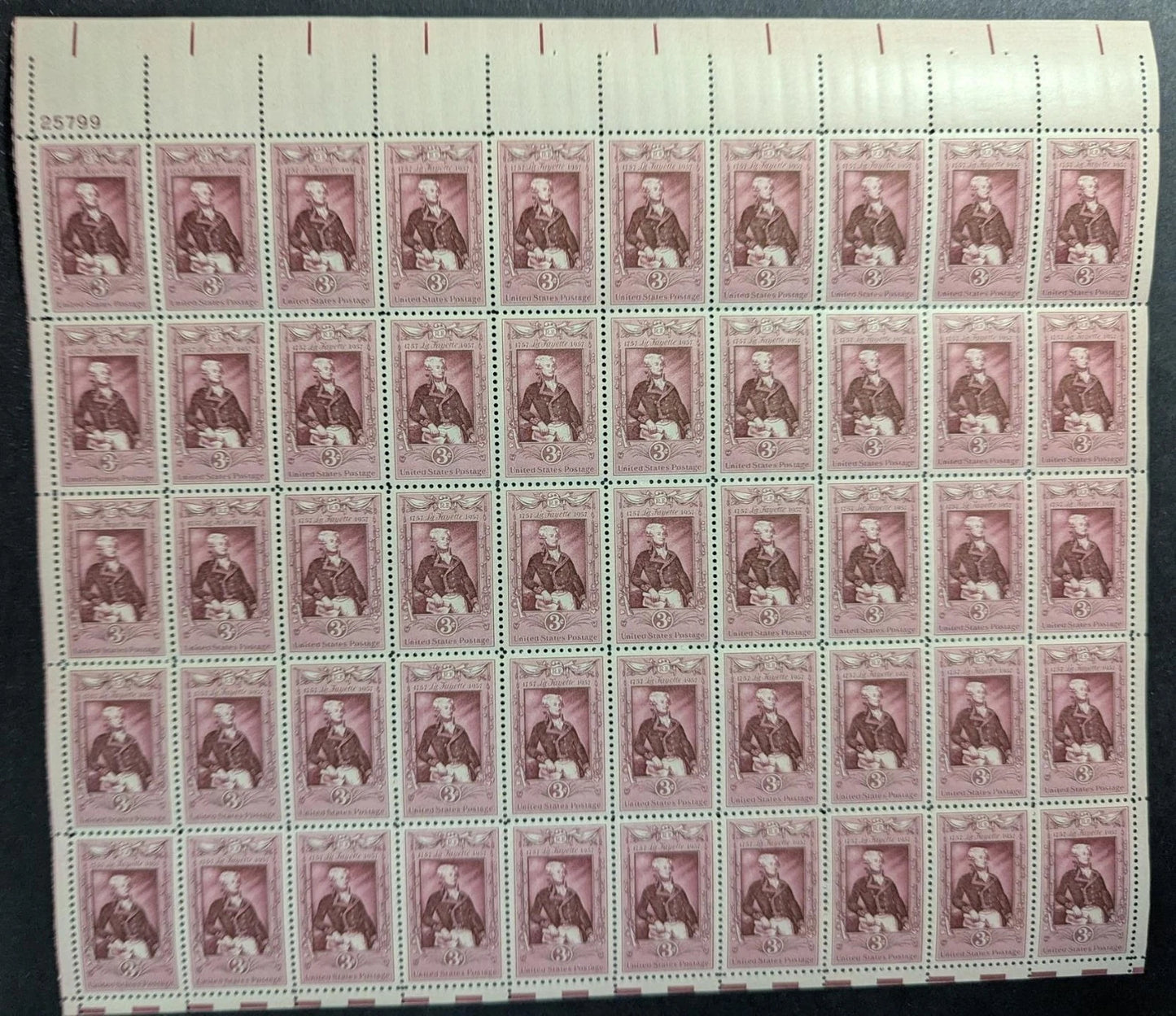 1957 USA 3c Layayette Sheet -Scott 1097 -MNH, Undisturbed OG -No Sig Flaws