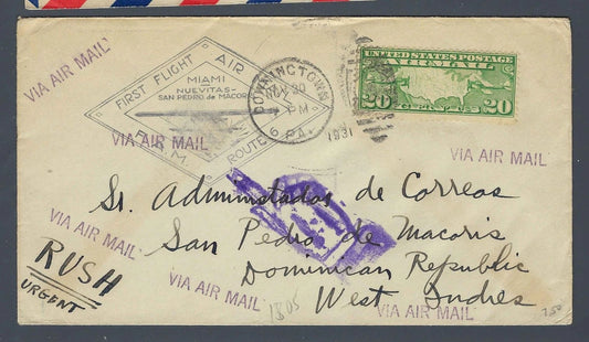 1931 FAM 6 First Flight Cover Downingtown PA to San Pedro de Macoris Rush Urgent
