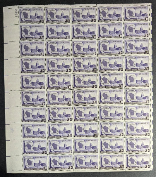 1948 USA Wisconsin 3c Sheet -Scott 957 -MNH, Undisturbed OG - No Sig Flaws