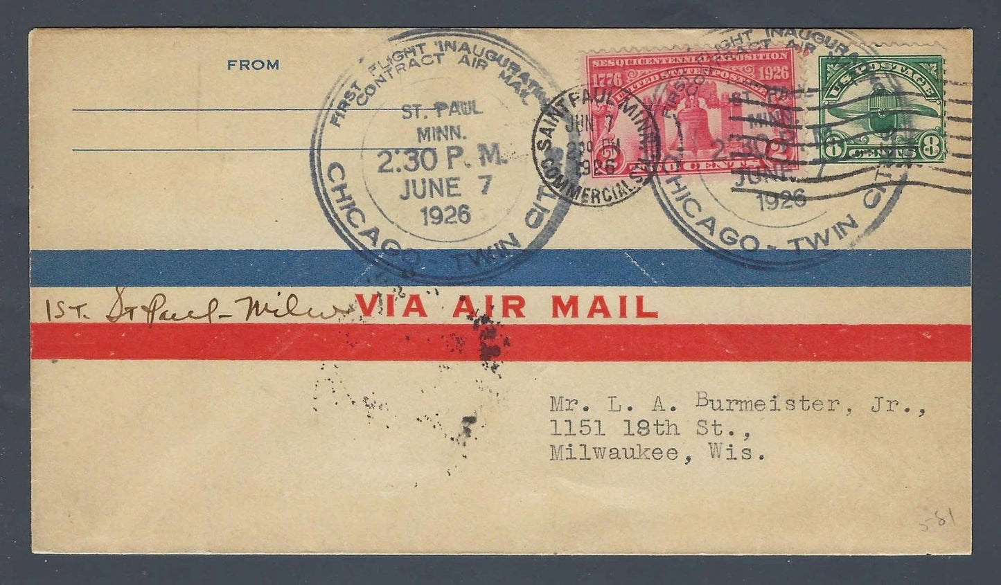 1926 First Flight CAM St. Paul to Milwaukee Sesquicentennial Cover