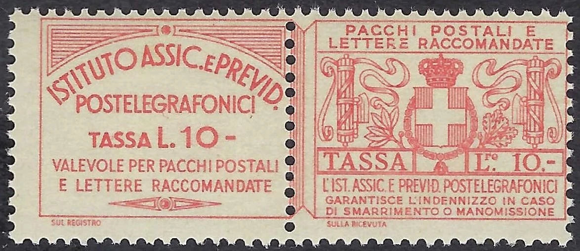 1917 Italy Assicurativi 10L Mint NH Pair Sassone #10 Rare