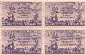 1952 Newspaper Boy Block of 4 3c Postage Stamps Sc#1015, MNG, OG