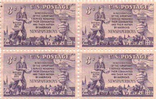 1952 Newspaper Boy Block of 4 3c Postage Stamps Sc#1015, MNG, OG
