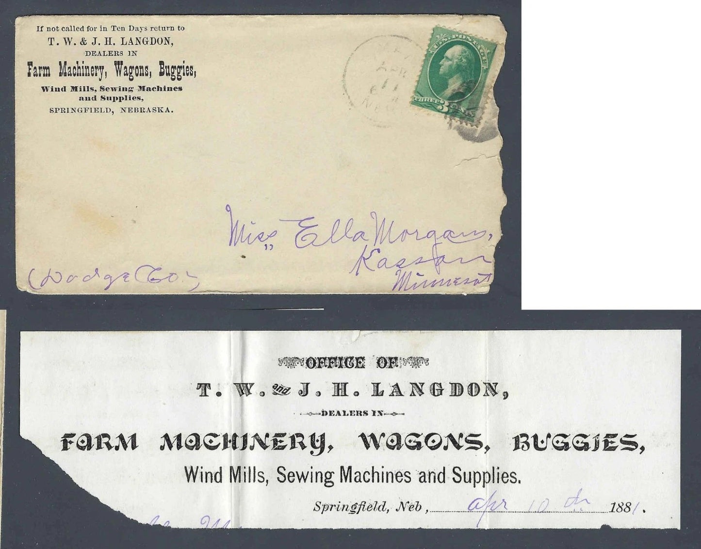 1881 T.W. & J.H. Langdon Farm Machinery Advertising Cover Springfield NE