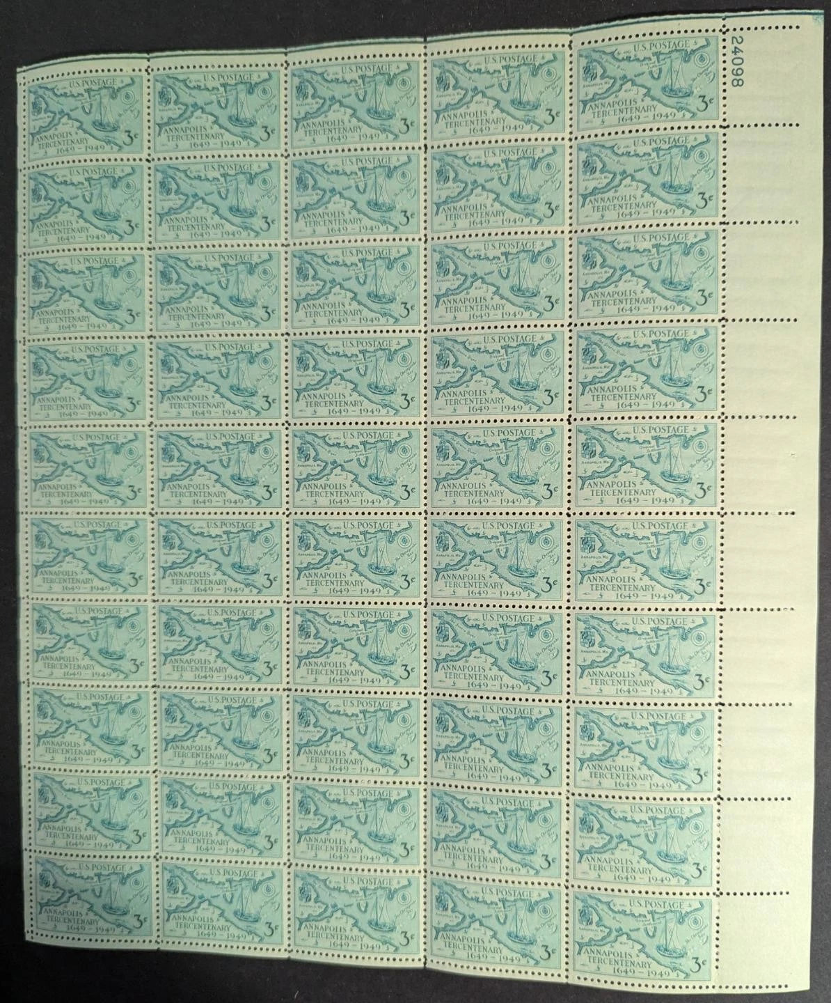 1949 USA Annapolis 3c Sheet -Scott 984 -MNH, Undisturbed OG -No Sig Flaws