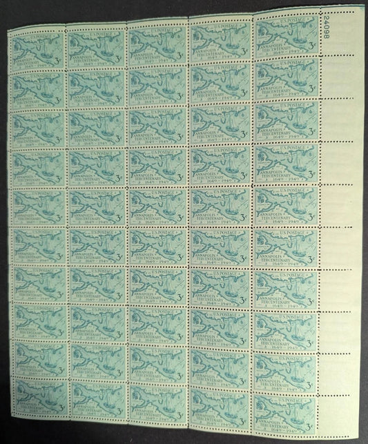 1949 USA Annapolis 3c Sheet -Scott 984 -MNH, Undisturbed OG -No Sig Flaws