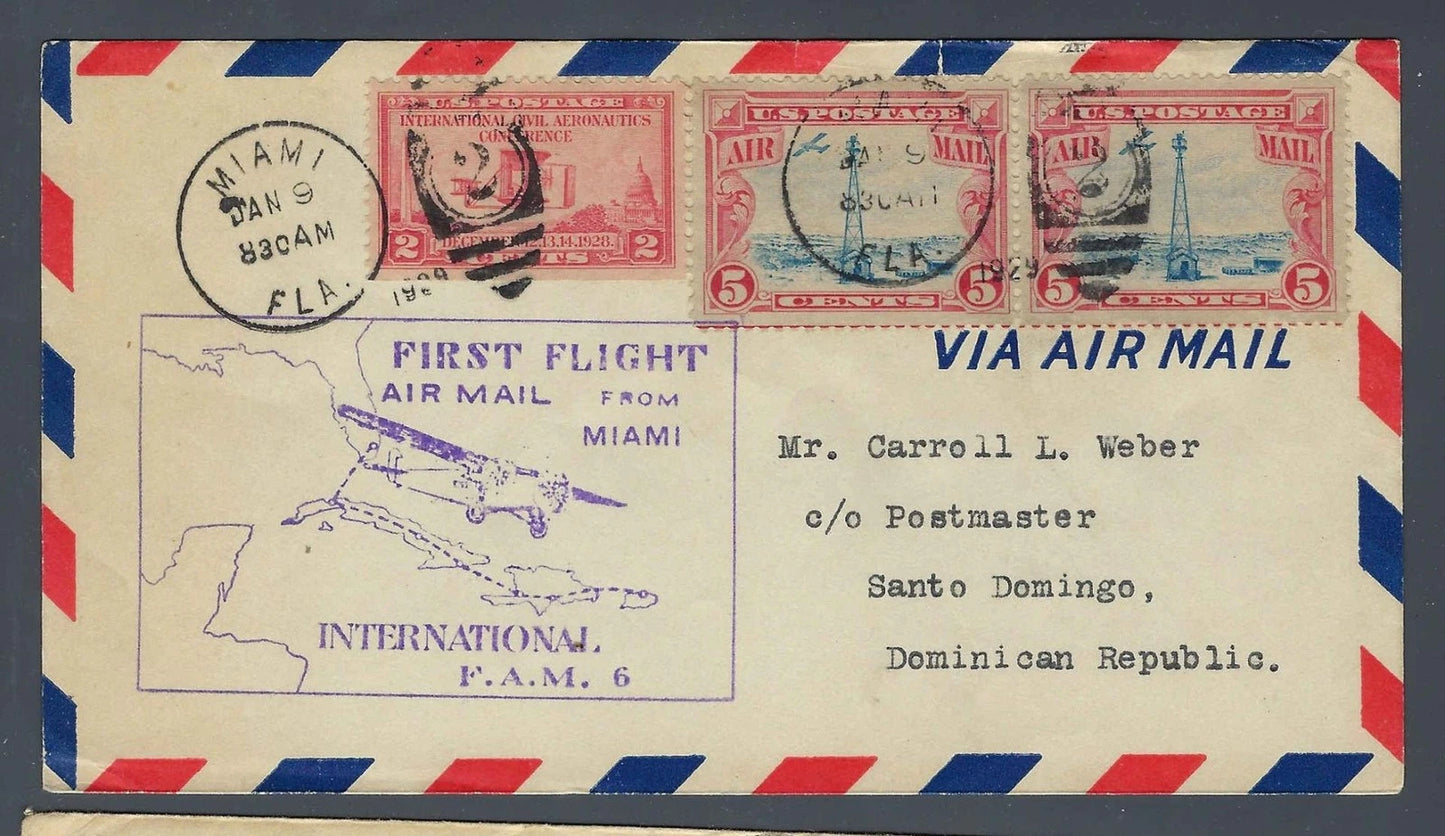 1929 FAM 6 Inaugural First Flight Cover Miami -Santo Domingo Dominican Republic