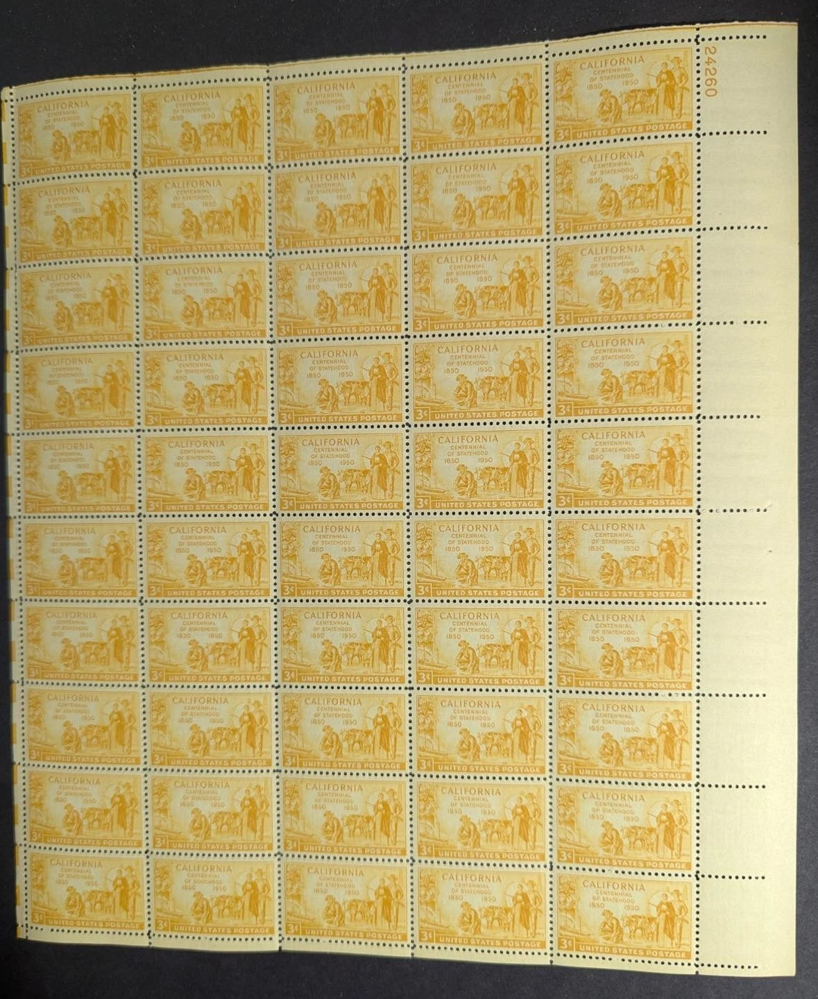 1950 USA California 3c Sheet -Scott 997 -MNH, Undisturbed OG - No Sig Flaws