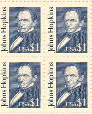 1989 Johns Hopkins Block of 4 $1 Postage Stamps, Scott2194, MNH, OG