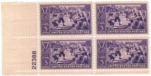 1939 Baseball Centennial Plate Block of 4 3 Postage Stamps, Scott855, MNH, OG