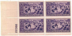1939 Baseball Centennial Plate Block of 4 3 Postage Stamps, Sc#855, MNH, OG