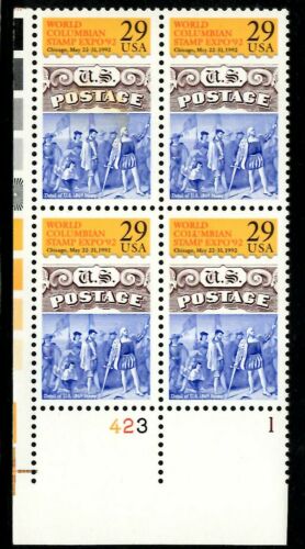 1992 World Columbian Stamp Expo Plate Block of 4 29c Stamps, Scott 2616, MNH, OG