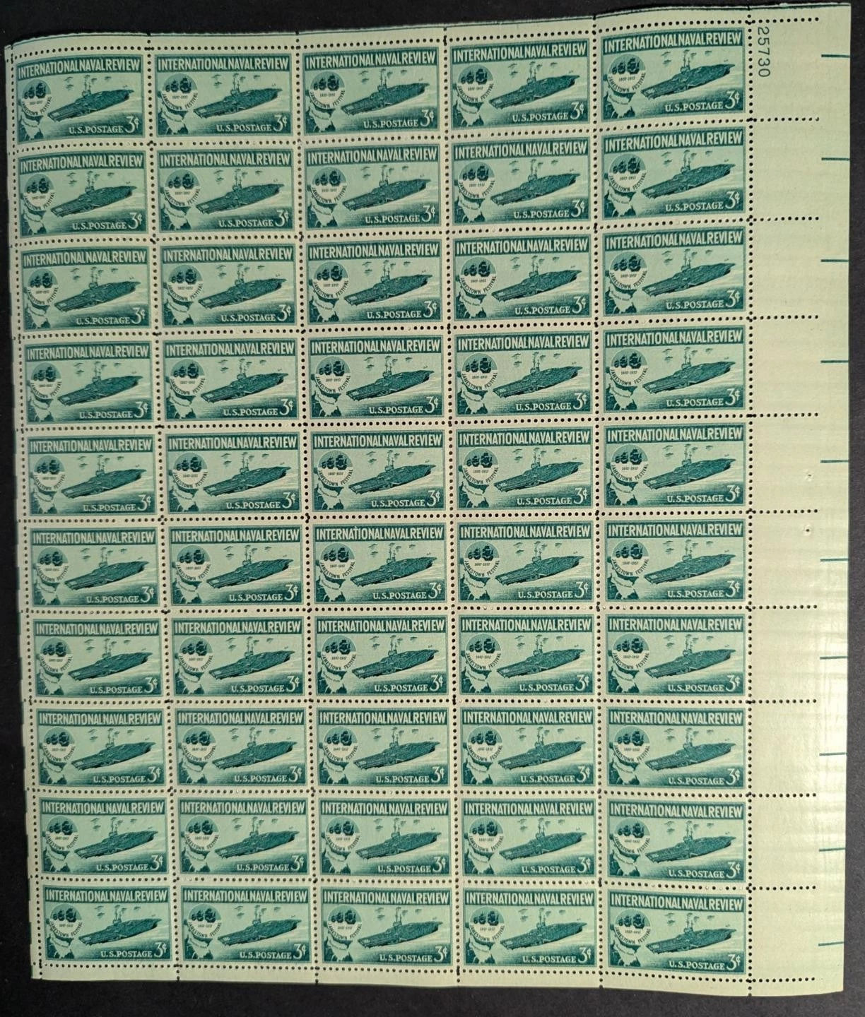 1957 USA 3c Naval Review Sheet -Scott 1091 -MNH, Undisturbed OG -No Sig Flaws
