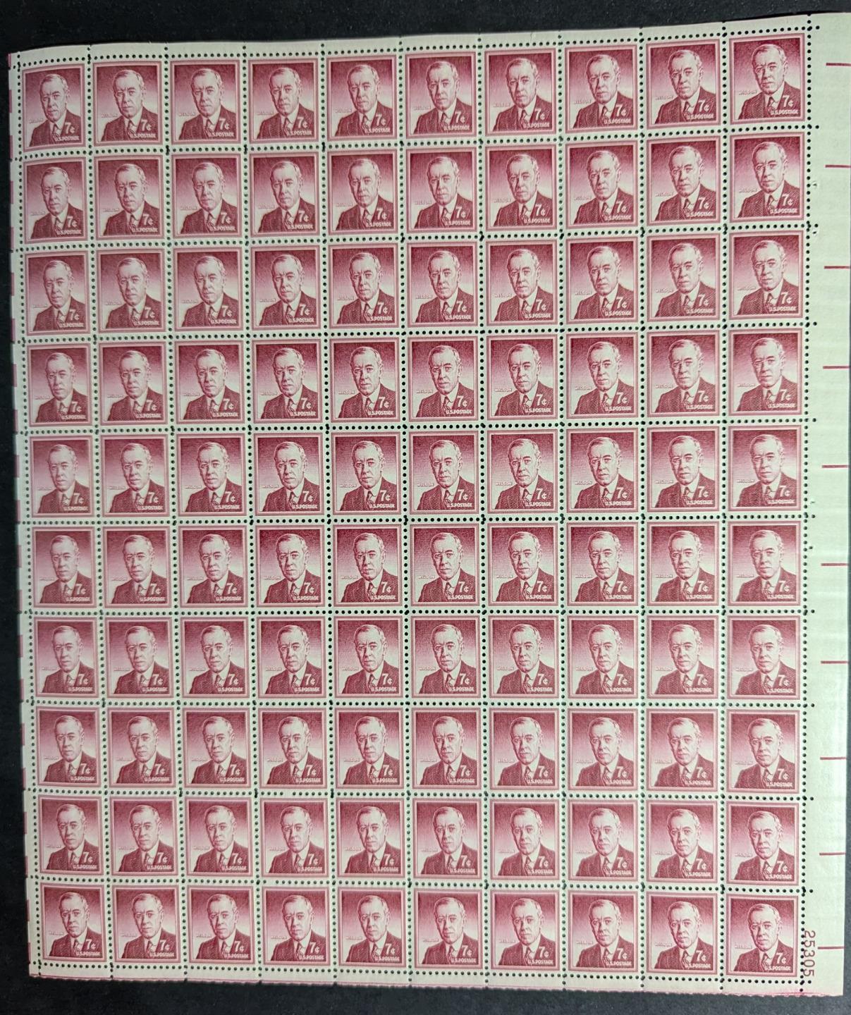 1954 USA 7c Wilson Sheet -Scott 1040 -MNH, Undisturbed OG - No Sig Flaws