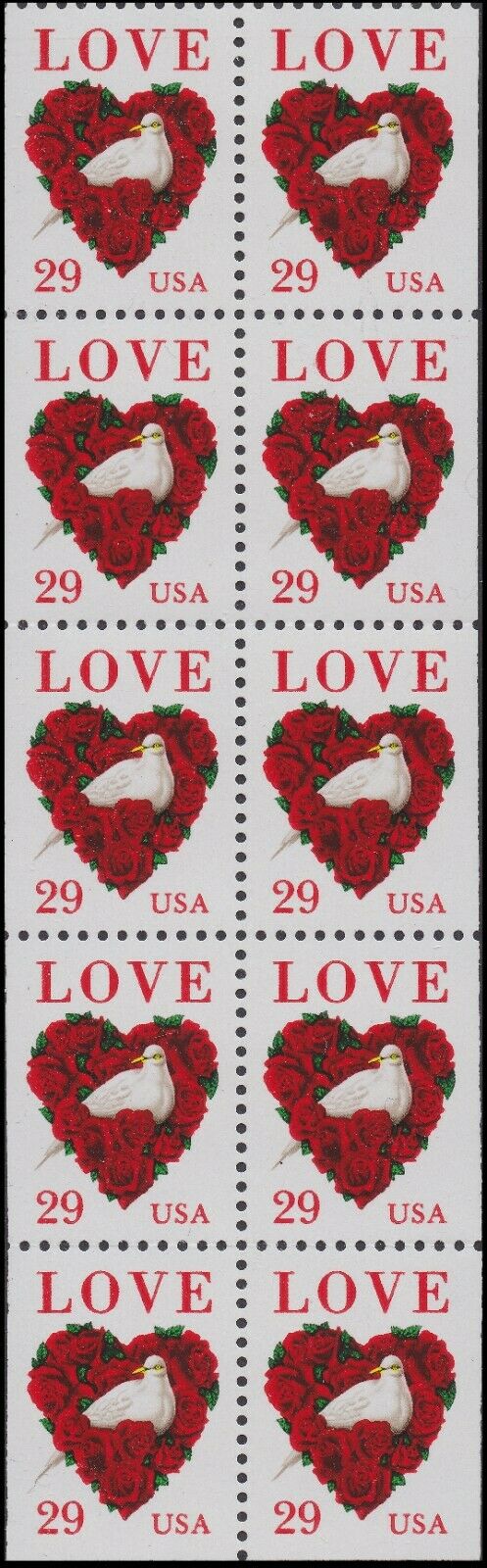 1994 Valentine's Love Bird Booklet Pane Of 10 29c Stamps, Scott 2814, MNH, OG