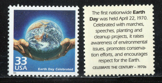 1999 Celebrate the 1970s Earth Day Single 33c Postage Stamp, Scott 3189a, MNH, OG