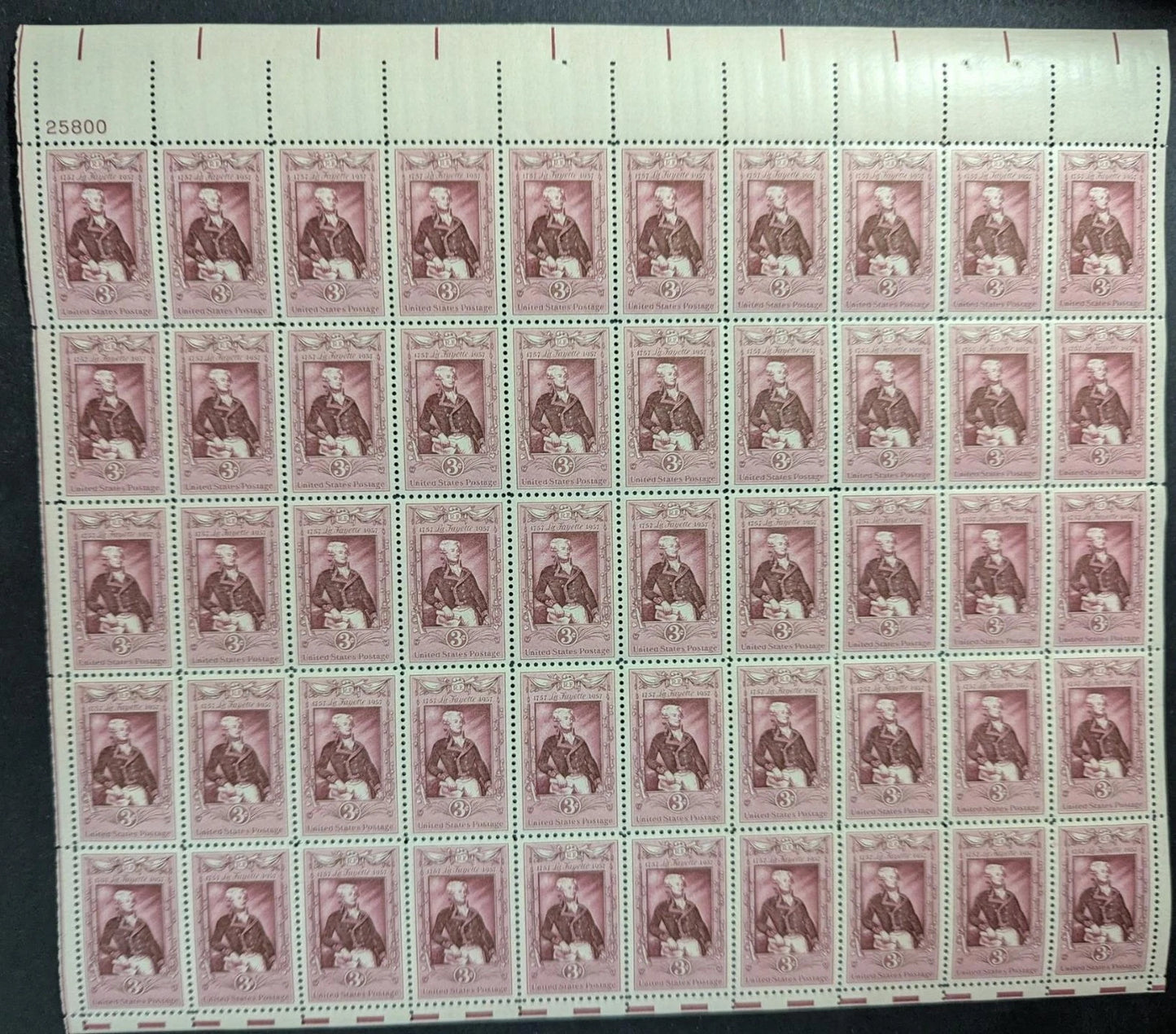 1957 USA 3c Layayette Sheet -Scott 1097 -MNH, Undisturbed OG -Corner Flaw