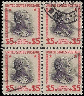 c1938 - Scott 834 $5 President Coolidge Block of 4 - Used