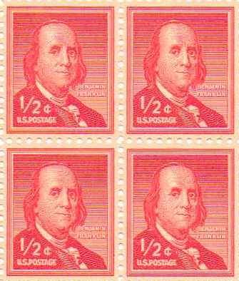 1954-68 Benjamin Franklin Block of 4 5c Postage Stamps Scott 1030, MNH, OG