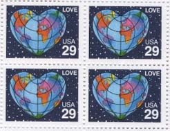 1991 Love Heart Shaped Block of 4 29cPostage Stamps, Sc #2535, MNH, OG