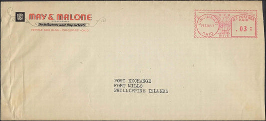 1941 Fort Mills PX Philippines Cover May & Malone Cincinnati Advertising