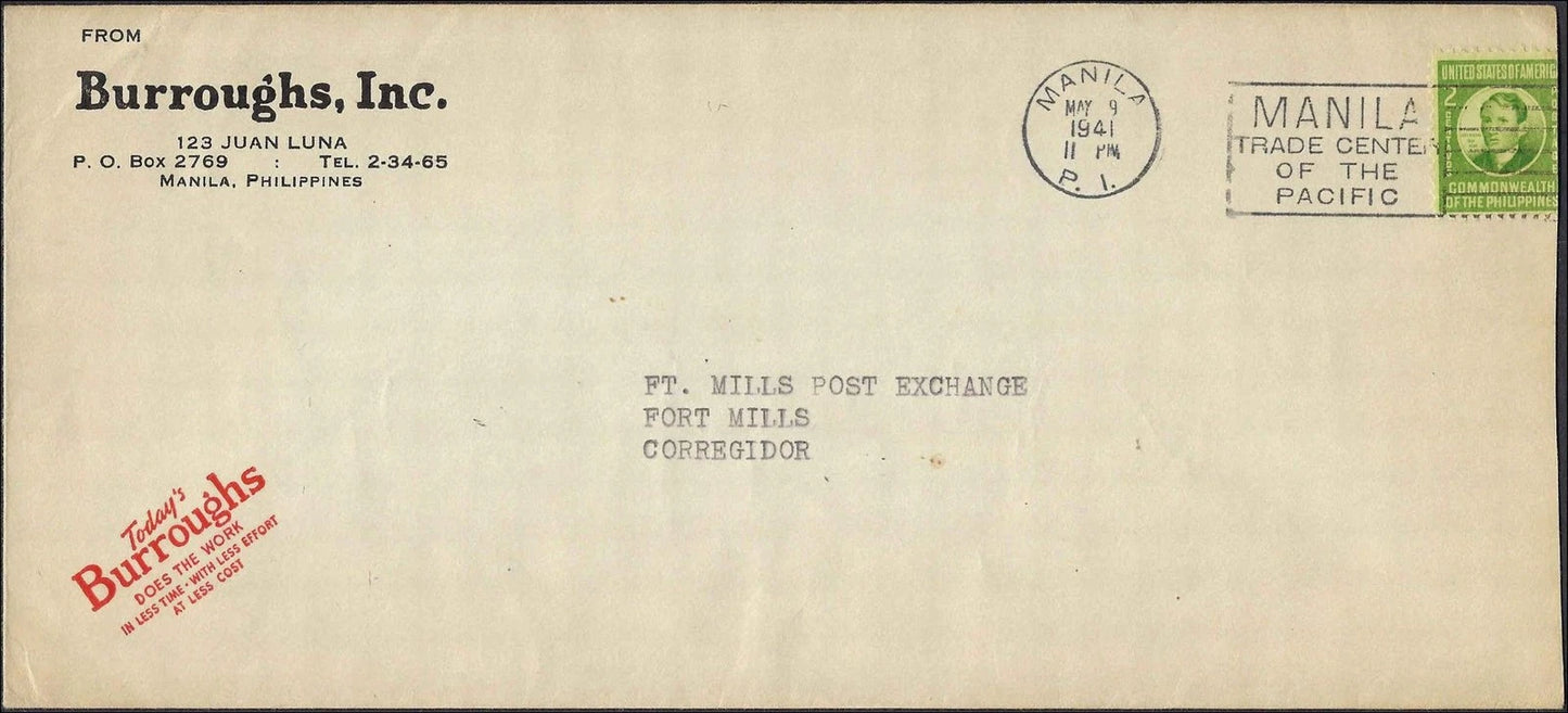 1941 Philippines Cover Fort Mills Corregidor Burroughs