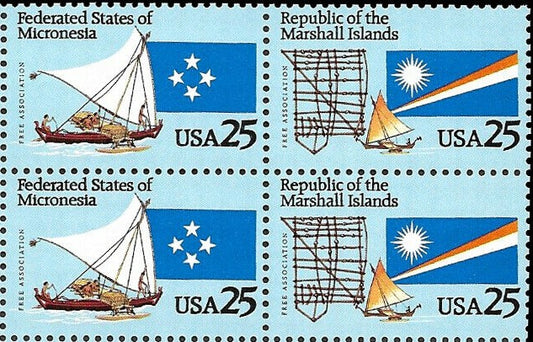 1990 Micronesia & Marshall Block of 4 25c Stamps - MNH, OG - Scott 2506-2507