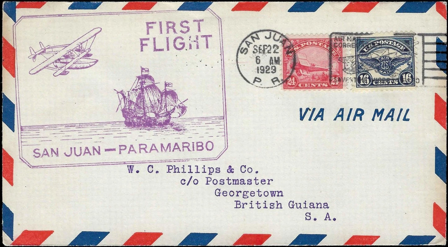 1929 San Juan-Paramaribo 1st Flight Cover with Scott C5 & C6 -Exc Condition!