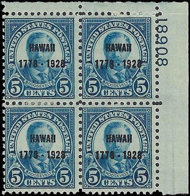 c1928 - Scott 648 5c Hawaii Overprint Issue - Plate Block - MH, OG - Fresh!