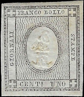 1861 Sardinia Newspaper 1c Stamp - 4 Margins! - Centering! - Scott P1 - FV641