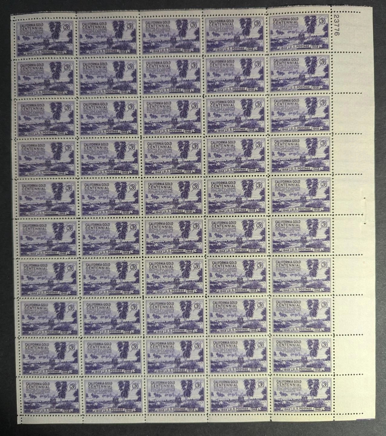 1948 USA California Gold 3c Sheet -Scott 954 -MNH, Undisturbed OG - No Sig Flaws