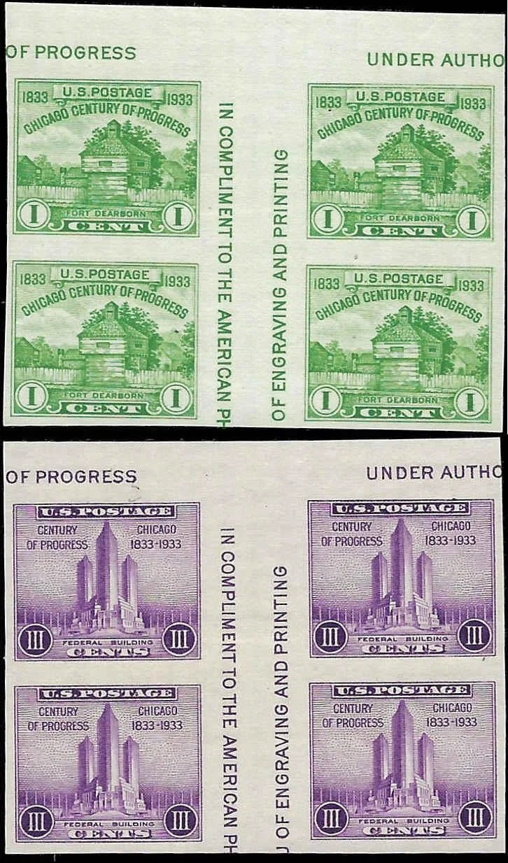 1933 USA Scott 730 & 731 Gutter Blocks of 4 - MH