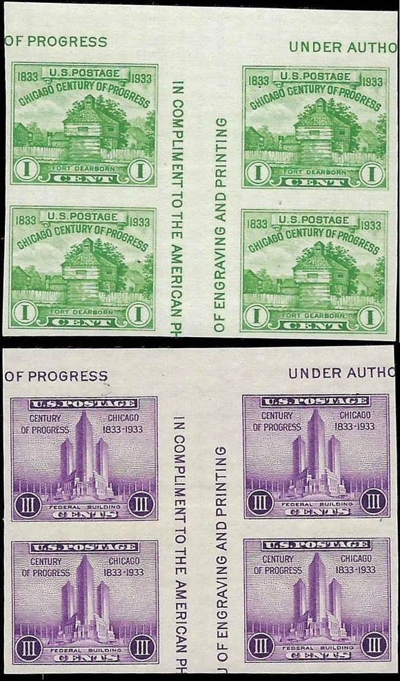 1933 USA Scott 730 & 731 Gutter Blocks of 4 - MH