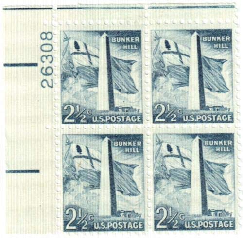 1959 Bunker Hill Monument Plate Block of 4 2c Postage Stamps, Scott 1034, MNH, OG