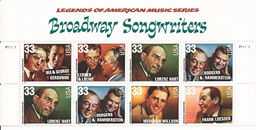 1999 Broadway Songwriters Plate Block of 8 33c Stamps, w/Top Label, Scott3345 MNH