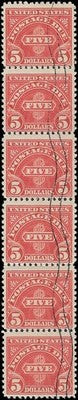 c1930 - #J78 $5 Postage Due Used Strip of 6